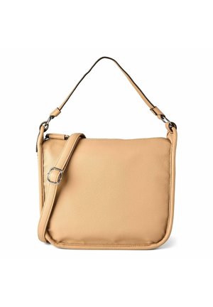 Beige leren schoudertas met verstelbare, afneembare riem en zilverkleurige gespsluitingen, rechthoekige vorm met afgeronde hoeken.