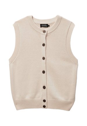 Gilet sans manches beige en tricot doux, avec un col rond, une fermeture à boutons sur le devant et des finitions en côtes. Des boutons marron ajoutent une touche de détail.