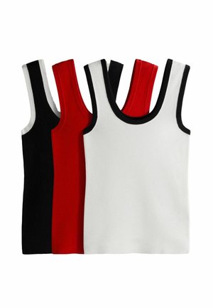 Trois débardeurs côtelés sans manches en noir avec bordure blanche, rouge, et blanc avec bordure noire, disposés en chevauchement sur un fond blanc.