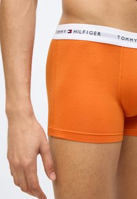 Πορτοκαλί βαμβακερά ανδρικά μποξεράκια με λευκή ζώνη μέσης που φέρει το λογότυπο "TOMMY HILFIGER" σε μαύρο και κόκκινο. Ομαλή υφή και εφαρμοστή σχεδίαση.