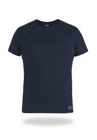 Marineblå T-shirt med korte ærmer og trykknapper på skulderen, lavet af blødt stof. Har et lille hjerte-logo på den nederste front.