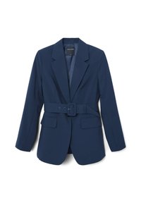 Blazer sartorial blu navy con rever a punta, maniche lunghe, tasche a pattina e una cintura coordinata con fibbia rettangolare.