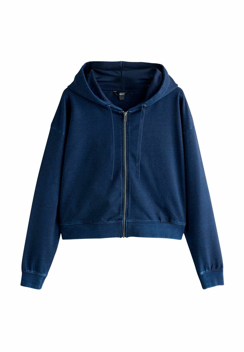 Dunkelblauer, verkürzter Hoodie mit Reißverschluss vorne, verstellbarem Kordelzugkapuze und langen Ärmeln. Hergestellt aus weichem, strukturiertem Stoff.