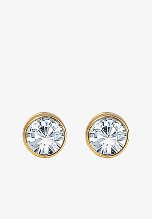 Boucles d'oreilles en or avec des cristaux transparents taille ronde et à surface facettée, sertis dans une monture circulaire en métal.