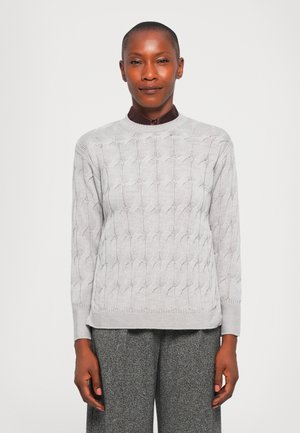 Gray knitted sweater featuring a cable pattern, round neckline, and long sleeves, paired with gray textured pants.