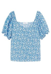 Haut floral bleu avec un col carrée et des manches courtes bouffantes. Il est fabriqué dans un tissu léger avec de petites fleurs blanches et des détails délicats.