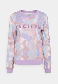 Felpa leggera in colori pastello con motivo tie-dye. Presenta polsini e orlo a coste, e la scritta "CECILIE" in lettere scintillanti sul davanti.
