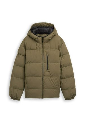 Olivroheline puffjope kapuutsiga, millel on ees lukuga sulgemine ja lukuga rinna tasku. Tekstuuritud, tikitud disain, mille varrukatel on elastsed mansetid.