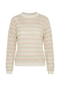 Pull en maille à manches longues avec rayures horizontales pastel rose, jaune, bleu et blanc, doté d'un col festonné et de poignets et ourlet côtelés.