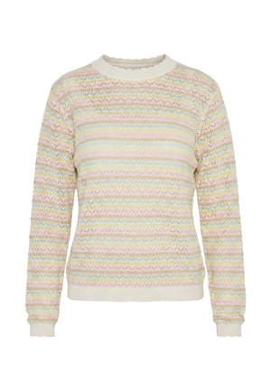 Trui met lange mouwen, gebreid met pastel horizontale strepen in roze, geel, blauw en wit, voorzien van een gekartelde halslijn en geribbelde boorden en zoom.
