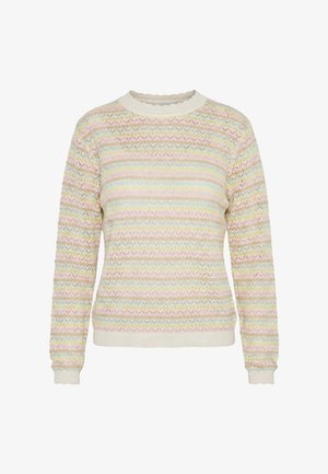 Trui met lange mouwen, gebreid met pastel horizontale strepen in roze, geel, blauw en wit, voorzien van een gekartelde halslijn en geribbelde boorden en zoom.