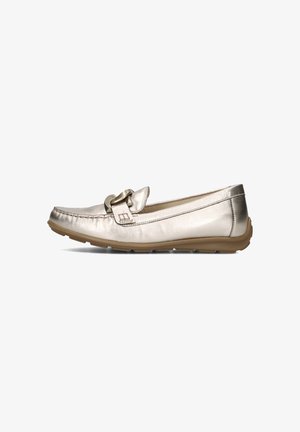 Metallic silver loafers with a rounded toe, decorative buckle detail, and rubber sole. Smooth texture with a casual design.