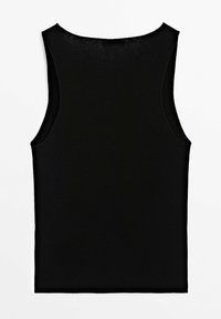 Débardeur noir sans manches avec encolure dégagée, vu de dos sur un fond blanc.