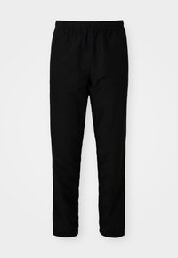 Pantaloni negri cu talie elastică și croială dreaptă, realizați dintr-un material neted, având manșete elastice la glezne și fără buzunare vizibile.