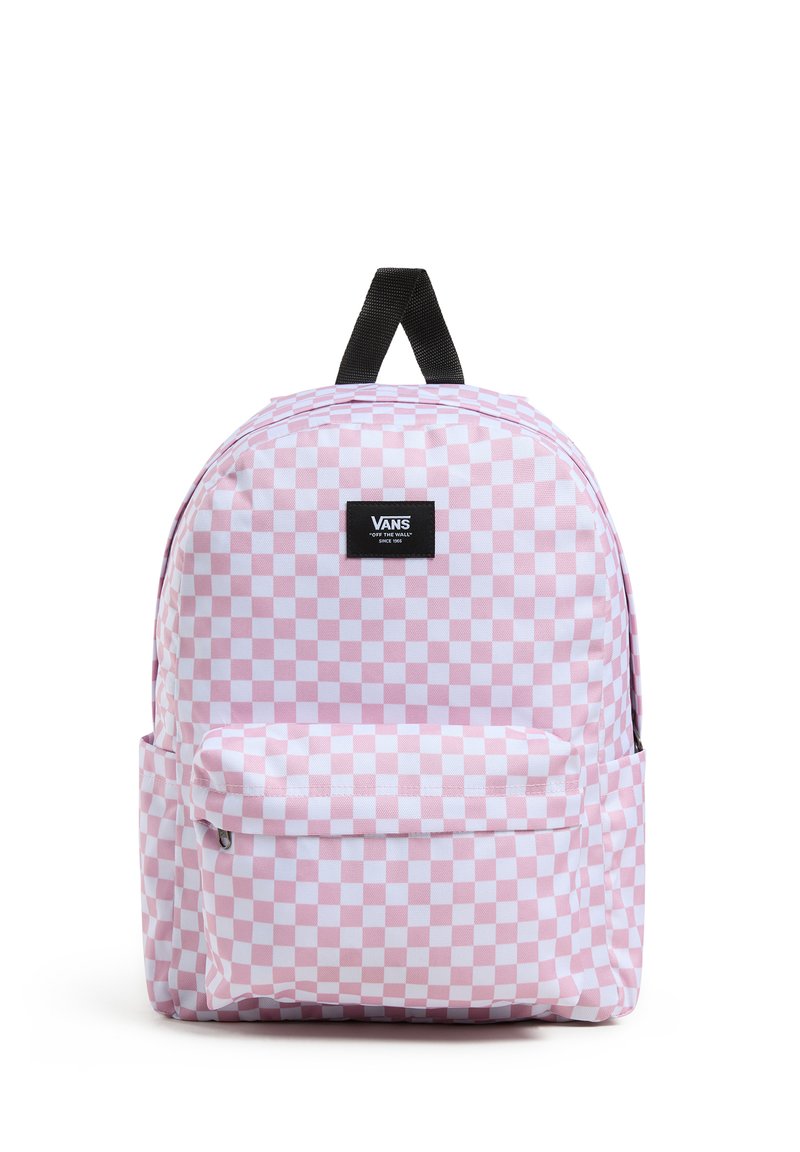 Zaino a scacchi rosa e bianco con una tasca frontale, etichetta nera con marchio e maniglia superiore, realizzato in tessuto resistente.