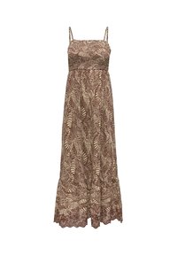 Robe maxi marron et crème avec un motif de feuilles, corsage froncé élastique, bretelles réglables et détail de dentelle au bas.