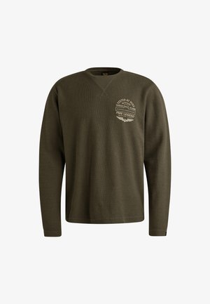 Felpa a maniche lunghe verde oliva con texture a coste, scollatura a V e logo stampato sul petto. Tessuto morbido, vestibilità comoda.