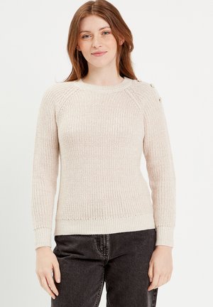 Helles beige gestricktes Sweatshirt mit Rundhalsausschnitt, gerippter Textur und langen Ärmeln. Begeistert mit Knopfakzenten an der Schulter.