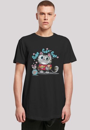 Svart bomull T-skjorte med et tegneserie-katt med store øyne, som holder leker, og teksten "Purr Purr Purr" i fargerike bokstaver.