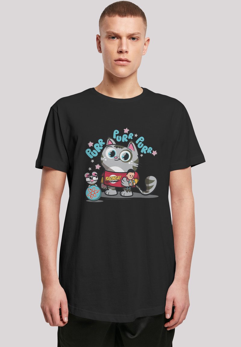 Svart bomull T-skjorte med et tegneserie-katt med store øyne, som holder leker, og teksten "Purr Purr Purr" i fargerike bokstaver.