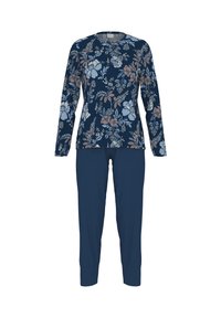 Kukkakuosiset pyjamat, joissa on tummansininen yläosa vaaleansinisin ja persikanvärisin kukin, yhdistettynä yksivärisiin tummansinisiin housuihin. Pehmeää, kevyttä kangasta, pitkät hihat.