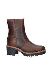 Bruine leren enkellaars met een ronde neus, contrasterende stiksels en een stevige zwarte rubberen zool. Voorzien van een zijrits voor gemakkelijk aan- en uittrekken.