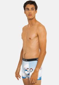 Boxer-briefs pour hommes de couleur bleu clair avec un design de pingouin, fabriqués en tissu extensible, et une ceinture noire avec le logo "WAXX".