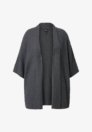Gray textured cardigan with a loose fit, open front, and short sleeves. Features a ribbed pattern throughout. Made from a knitted fabric.