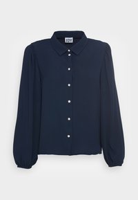 Navy blue blouse with a collared neckline, long puff sleeves, and front button closure featuring clear decorative buttons. Smooth fabric texture.
