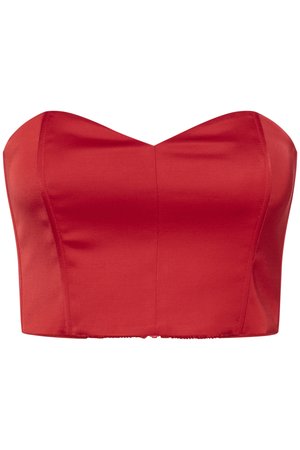 Κόκκινη σατέν κορυφή crop top χωρίς straps με εφαρμοστό σχέδιο, δομημένο κορσέ και λεία υφή· διαθέτει λαιμόκοψη sweetheart και αόρατες άκρες.