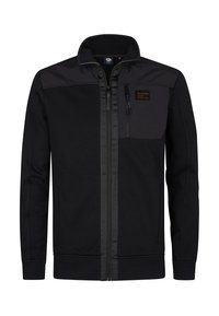 Chaqueta negra de cremallera con panel en contraste negro en los hombros y bolsillo en el pecho. Cuenta con puños y dobladillo de canalé, fabricada con material suave.