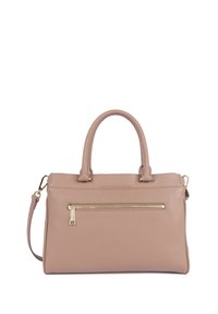 Borsa a mano in pelle beige con doppio manico superiore, tracolla staccabile, tasca zippata anteriore e dettagli in metallo dorato. Superficie testurizzata.