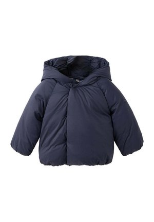 Chaqueta de invierno acolchada azul oscuro con capucha y mangas largas, diseñada para ofrecer calidez y uso al aire libre.