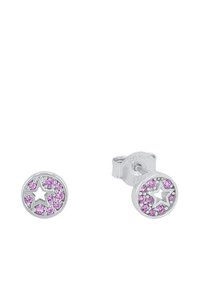 Orecchini a perno in argento con design circolare, caratterizzati da strass rosa e una forma a stella al centro, finitura metallica lucida.