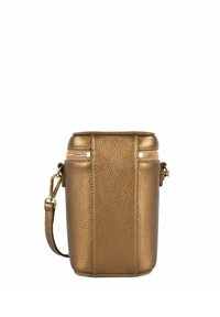 Borsa a tracolla in finta pelle bronzo con finitura testurizzata, due scomparti con zip e tracolla regolabile. Design cilindrico compatto.