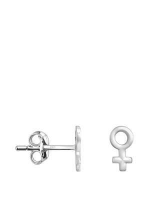 Boucles d'oreilles en argent avec un design circulaire, accentuées par un symbole féminin et une texture lisse et brillante. Forme minimaliste et moderne.