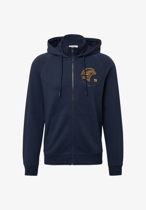 Granatowa bluza na zamek wykonana z miękkiego materiału, wyposażona w kieszeń kangurka, ściągacze przy mankietach oraz złote logo graficzne na lewej stronie klatki piersiowej.