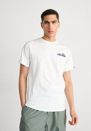 White cotton t-shirt featuring a small blue and orange "ellesse" logo on the chest. Short sleeves, crew neck, relaxed fit, and no patterns.