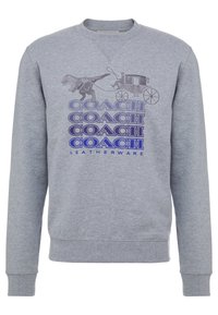 Grå sweatshirt med grafik av en dinosaurie som drar en vagn, med upprepande texten "COACH" i blå nyanser ovanför "LEATHERWARE."