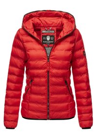 Red padded jacket with a fitted shape, zip closure, and hood. Features two side pockets, ribbed cuffs, and a logo on the sleeve.