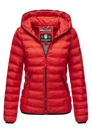 Red padded jacket with a fitted shape, zip closure, and hood. Features two side pockets, ribbed cuffs, and a logo on the sleeve.