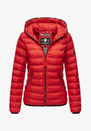 Red padded jacket with a fitted shape, zip closure, and hood. Features two side pockets, ribbed cuffs, and a logo on the sleeve.