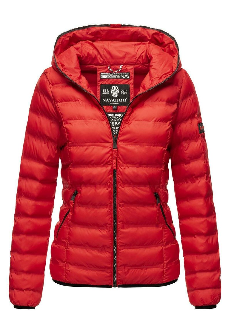 Red padded jacket with a fitted shape, zip closure, and hood. Features two side pockets, ribbed cuffs, and a logo on the sleeve.