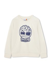 Felpa color crema con scollo rotondo e maniche lunghe. Presenta un logo grafico blu di un albero e il testo "Timberland" al centro.