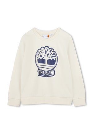 Felpa color crema con scollo rotondo e maniche lunghe. Presenta un logo grafico blu di un albero e il testo "Timberland" al centro.