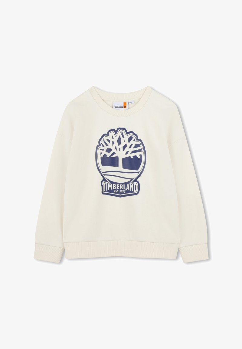 Felpa color crema con scollo rotondo e maniche lunghe. Presenta un logo grafico blu di un albero e il testo "Timberland" al centro.