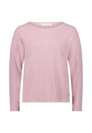 Lyserød strikket sweater med afslappet pasform, lange ærmer, rund halsudskæring og subtilt struktureret mønster. Lille brandlogo nær kanten.