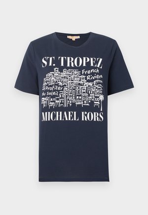 Laivastonsininen T-paita, jossa valkoinen luonnos rakennuksista ja tekstit "ST. TROPEZ", "French Riviera", "Profiter du Soleil" sekä "MICHAEL KORS" edessä.