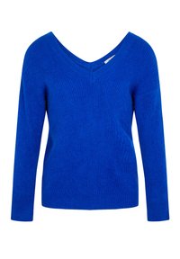 Maglione blu lavorato a maglia con scollatura a V, maniche lunghe e un motivo testurizzato. Il materiale sembra morbido e leggermente elasticizzato.