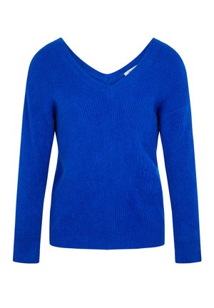 Suéter de punto azul con escote en V, mangas largas y un patrón texturizado. El material parece suave y ligeramente elástico.